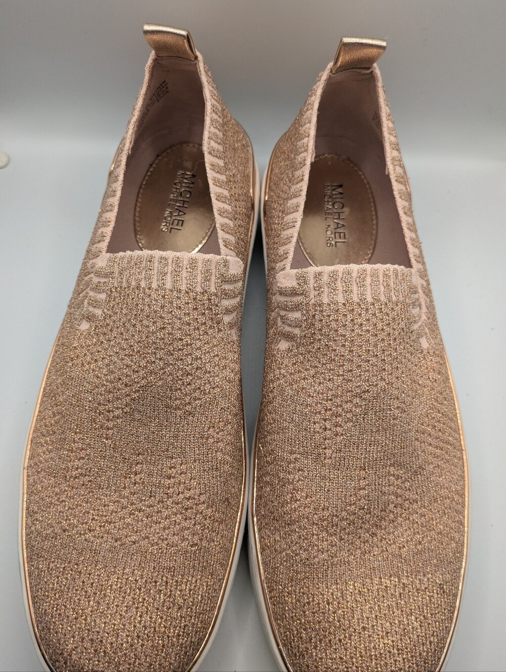 MICHAEL Michael Kors Skyler Rose Gold Metallic Knit Slip-On Sneakers - Size 6.5